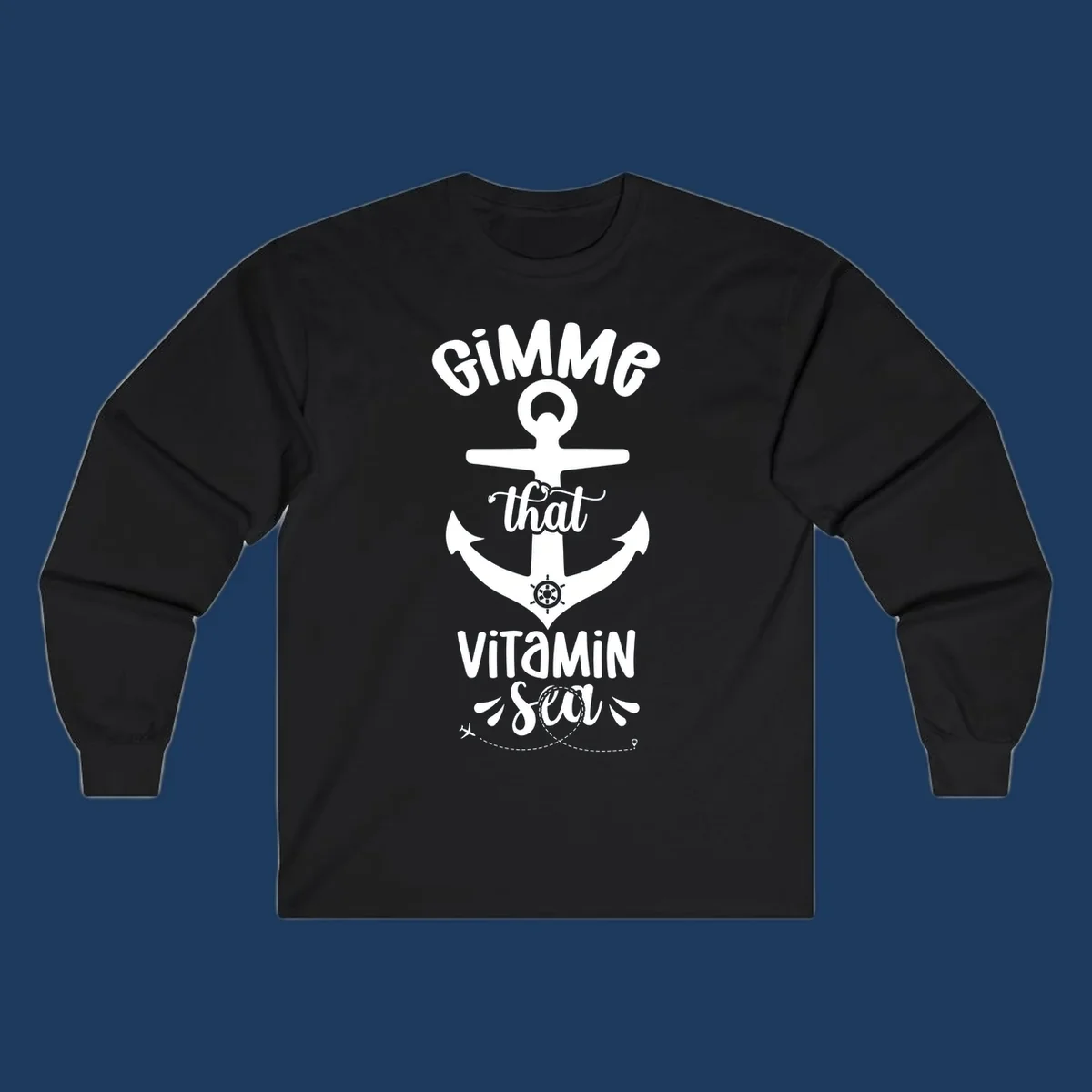 White anchor with ship wheel design and 'Gimme that Vitamin Sea' text on gray background, gimme-vitamin-sea-cruise theme