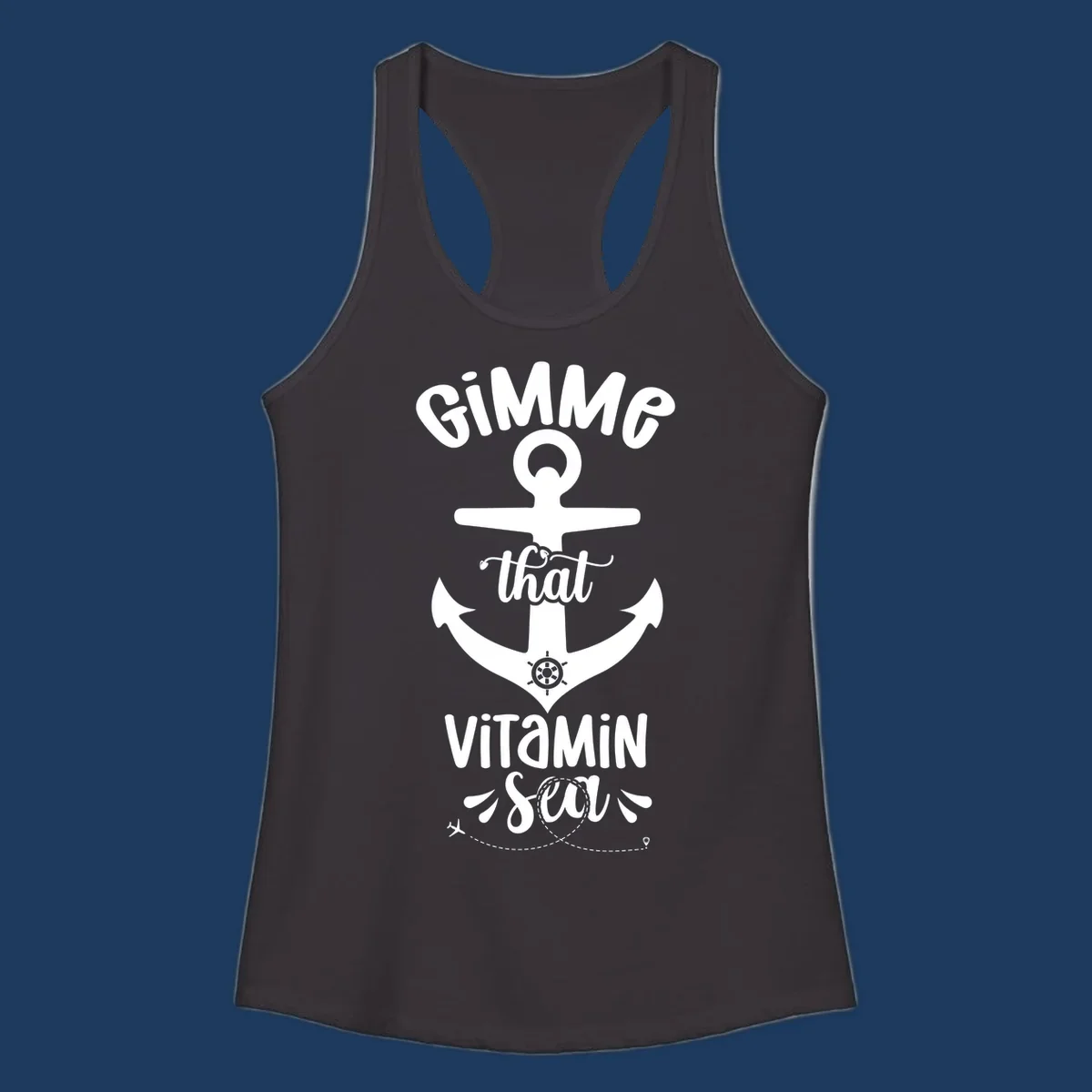 White anchor with ship wheel design and 'Gimme that Vitamin Sea' text on gray background, gimme-vitamin-sea-cruise theme
