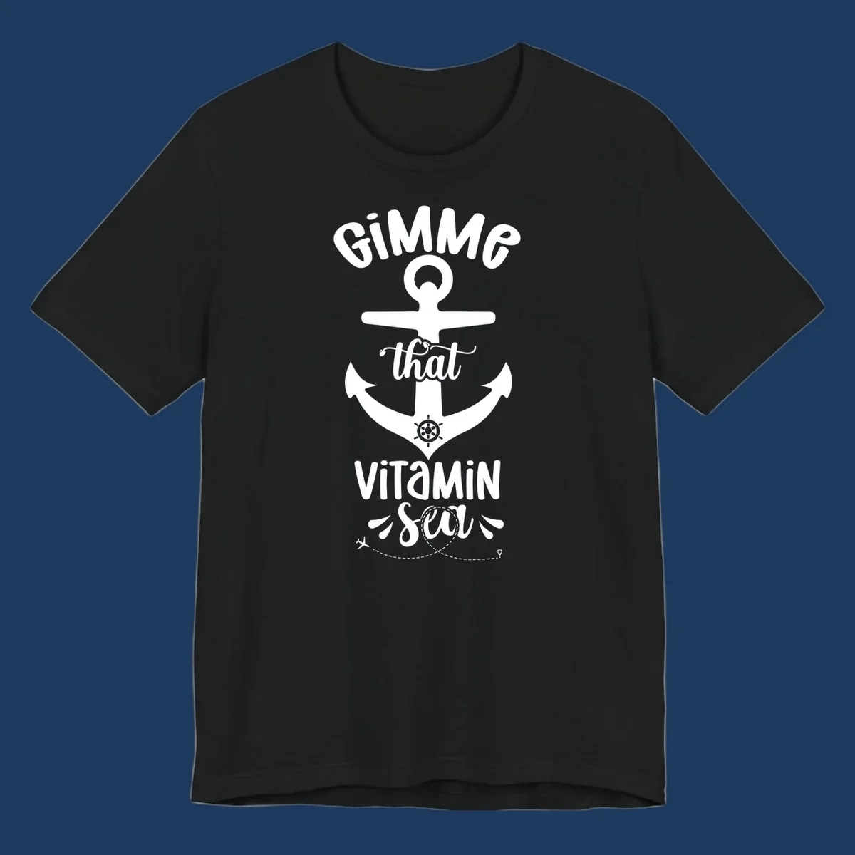White anchor with ship wheel design and 'Gimme that Vitamin Sea' text on gray background, gimme-vitamin-sea-cruise theme