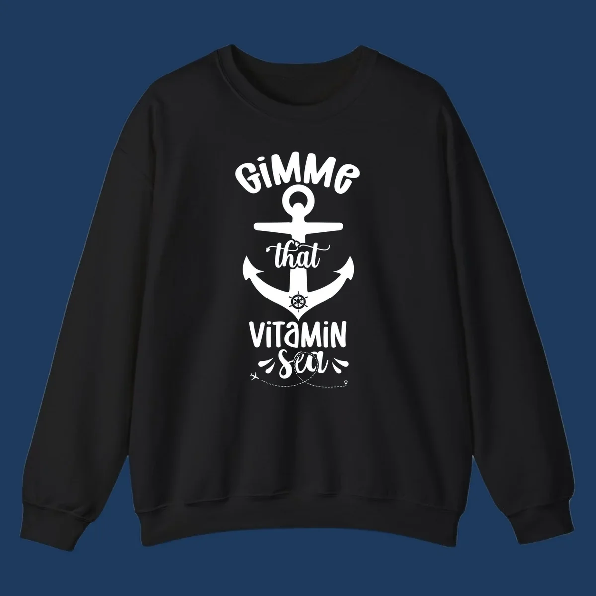 White anchor with ship wheel design and 'Gimme that Vitamin Sea' text on gray background, gimme-vitamin-sea-cruise theme