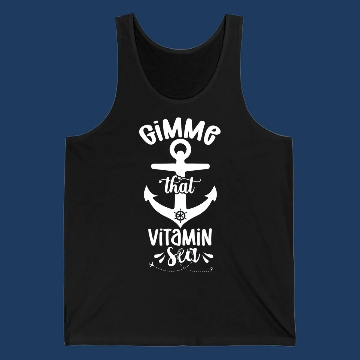 White anchor with ship wheel design and 'Gimme that Vitamin Sea' text on gray background, gimme-vitamin-sea-cruise theme