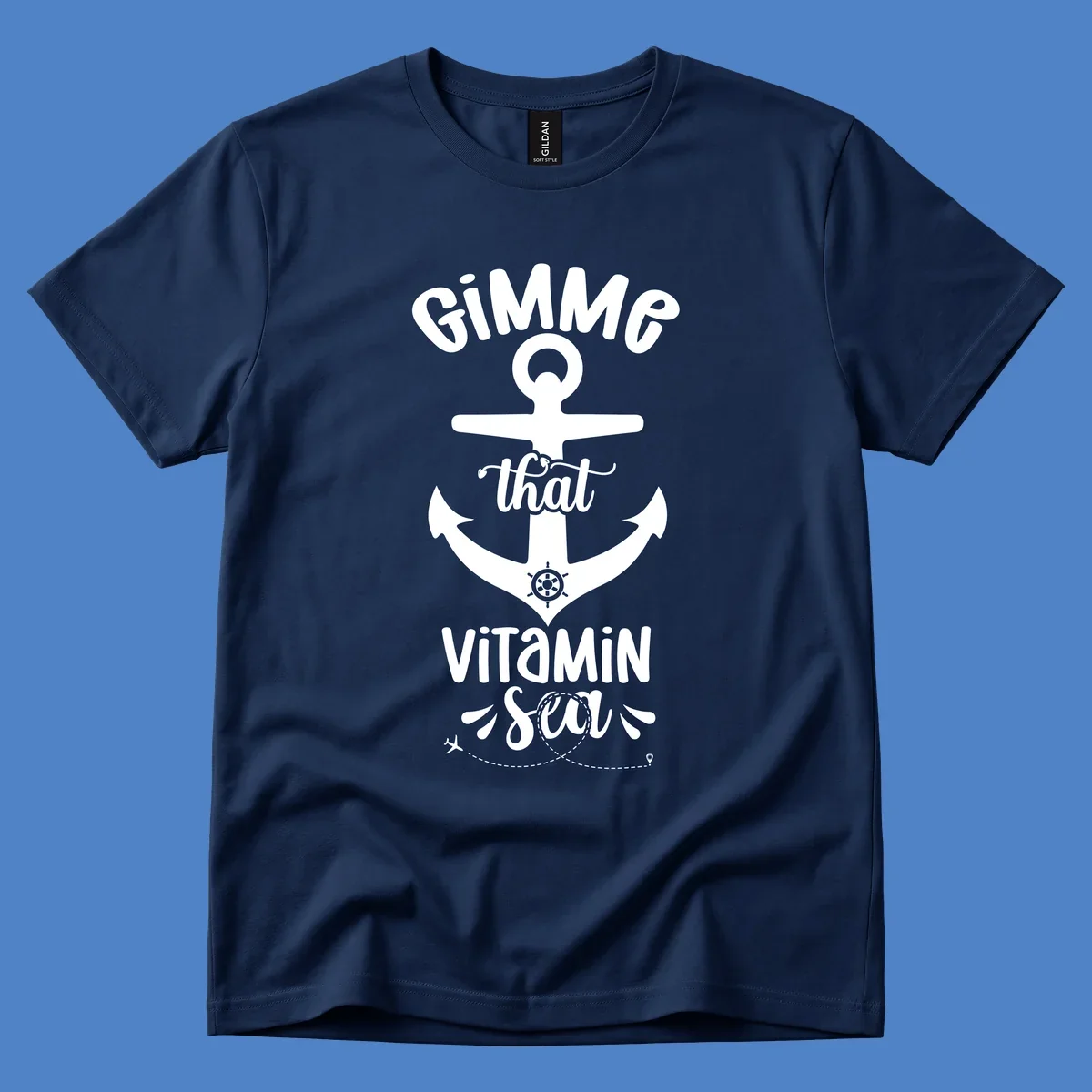 White anchor with ship wheel design and 'Gimme that Vitamin Sea' text on gray background, gimme-vitamin-sea-cruise theme