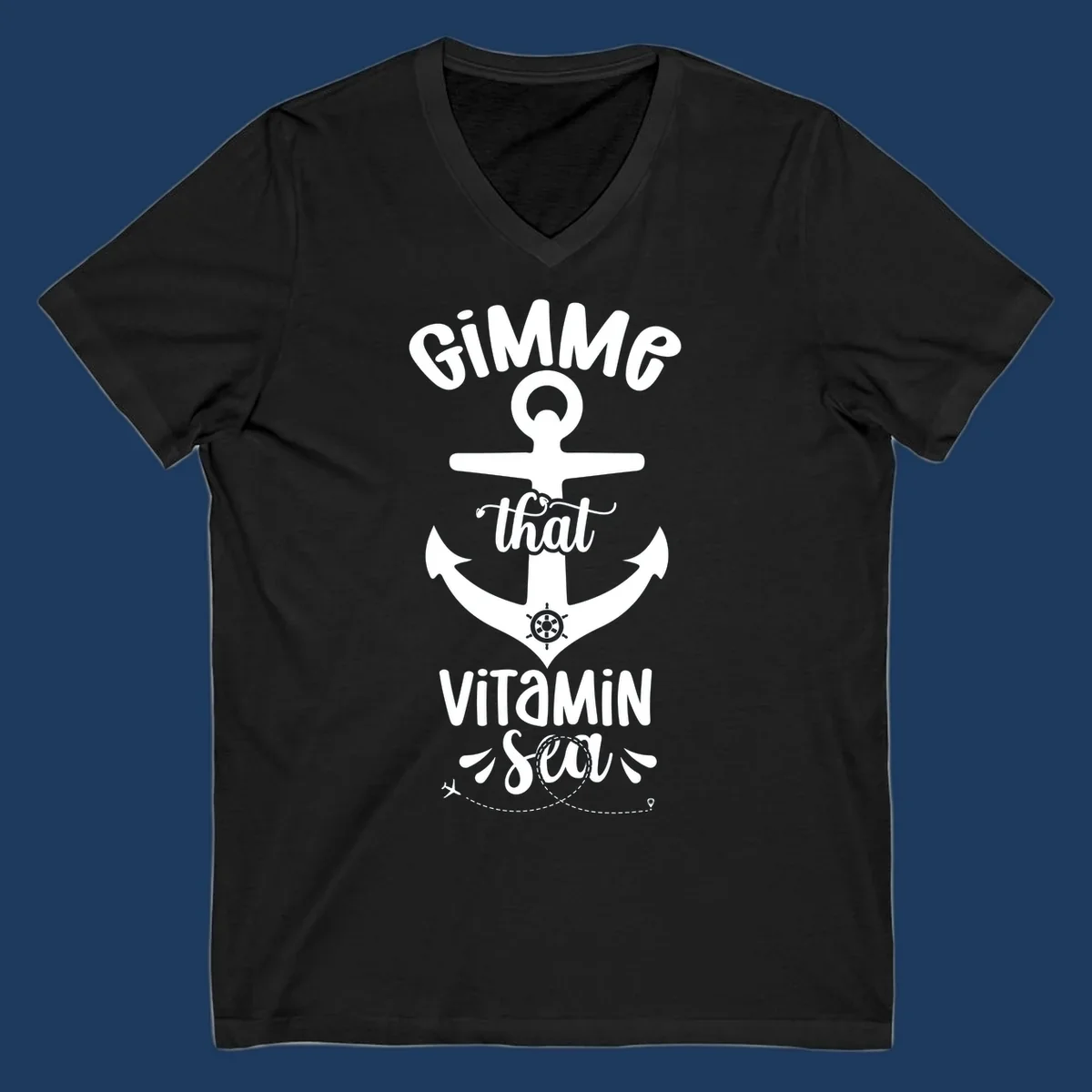 White anchor with ship wheel design and 'Gimme that Vitamin Sea' text on gray background, gimme-vitamin-sea-cruise theme