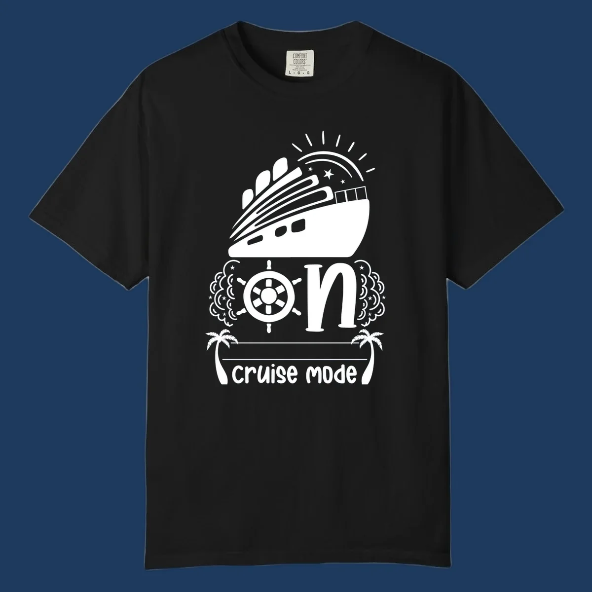 Cruise mode on design with ship, wheel, sun, stars, and palm trees in white and gray
