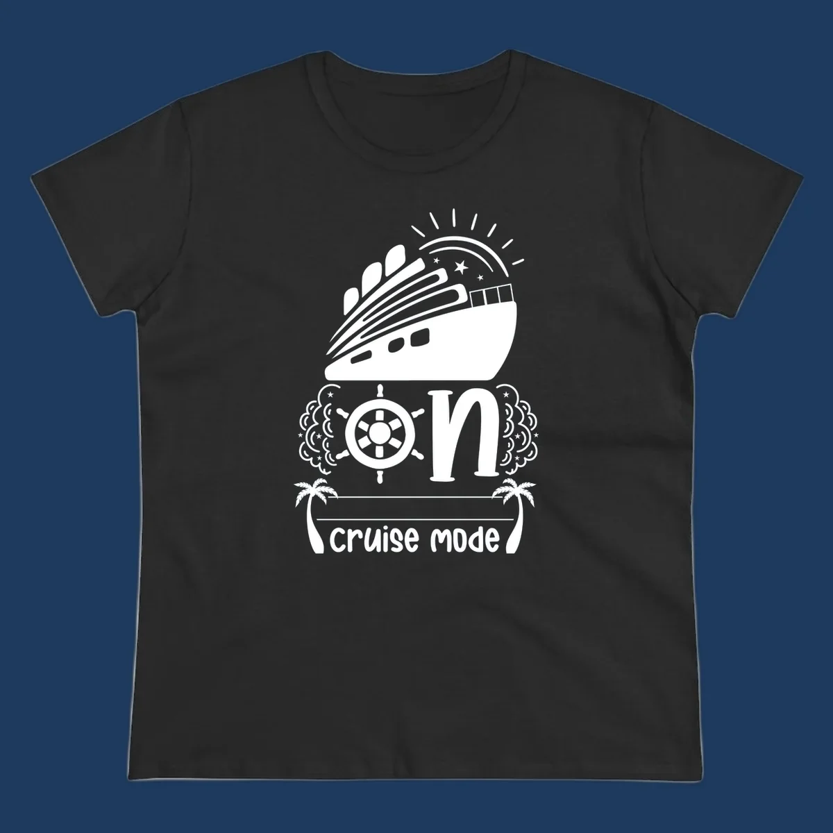 Cruise mode on design with ship, wheel, sun, stars, and palm trees in white and gray