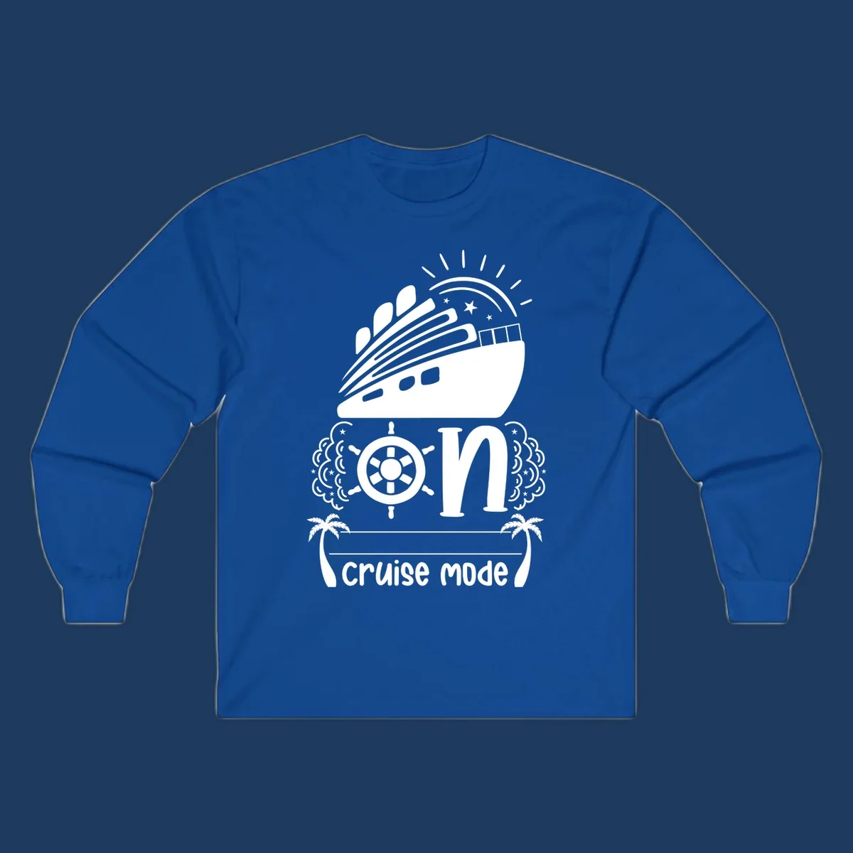 Cruise mode on design with ship, wheel, sun, stars, and palm trees in white and gray
