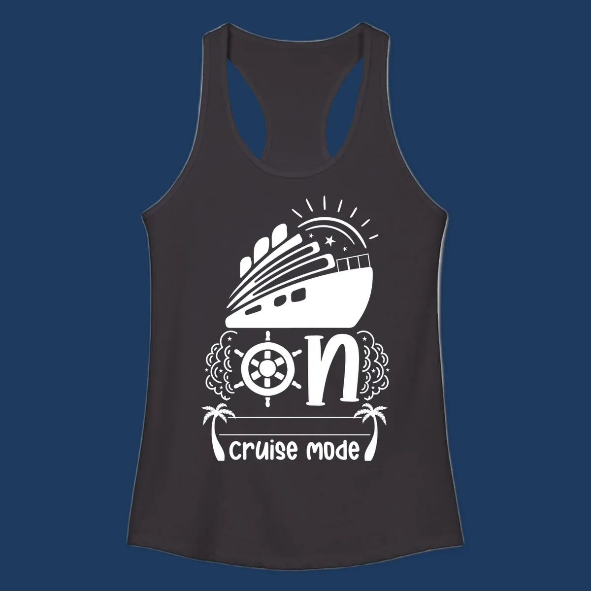 Cruise mode on design with ship, wheel, sun, stars, and palm trees in white and gray