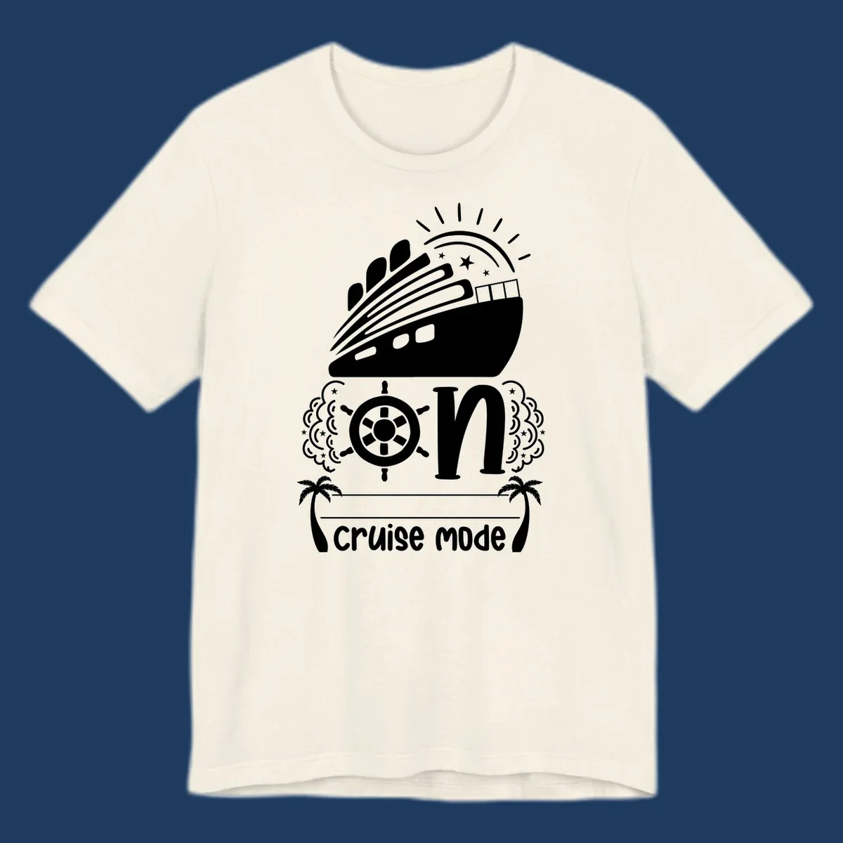 Cruise mode on design with ship, wheel, sun, stars, and palm trees in white and gray