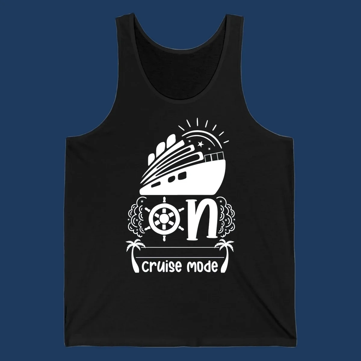 Cruise mode on design with ship, wheel, sun, stars, and palm trees in white and gray