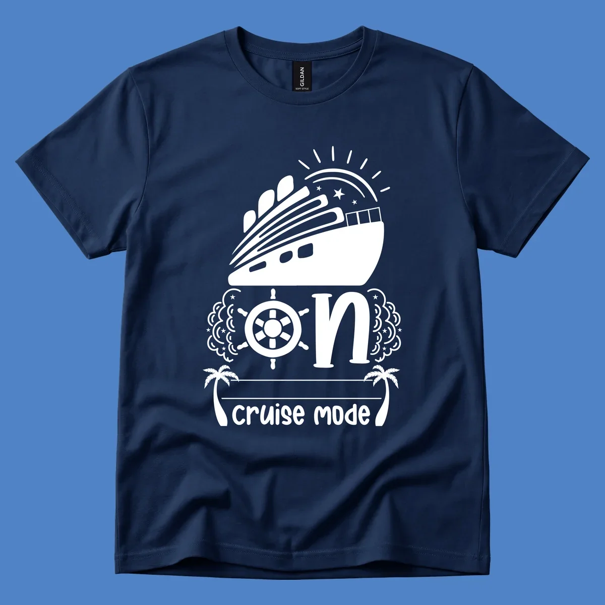 Cruise mode on design with ship, wheel, sun, stars, and palm trees in white and gray