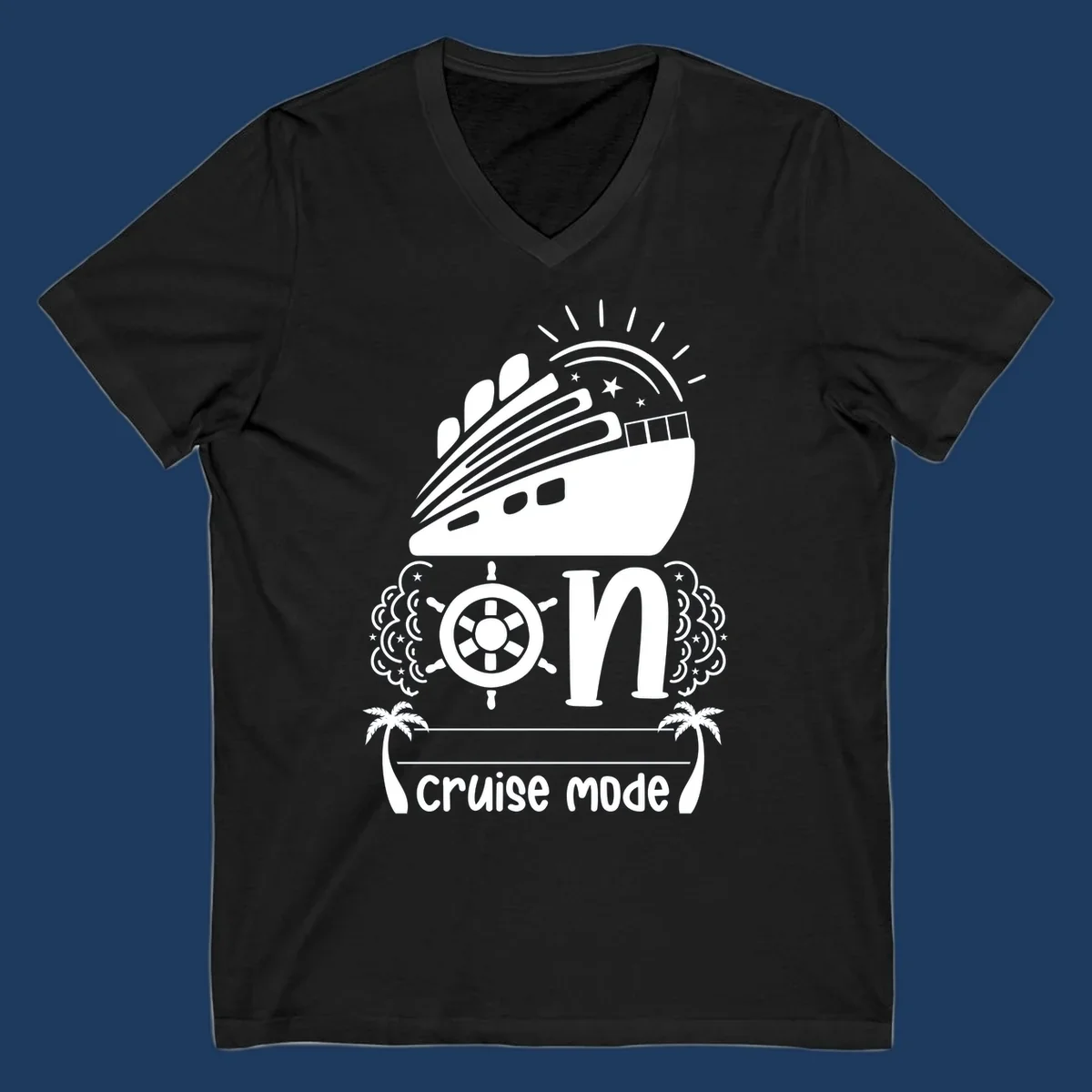 Cruise mode on design with ship, wheel, sun, stars, and palm trees in white and gray