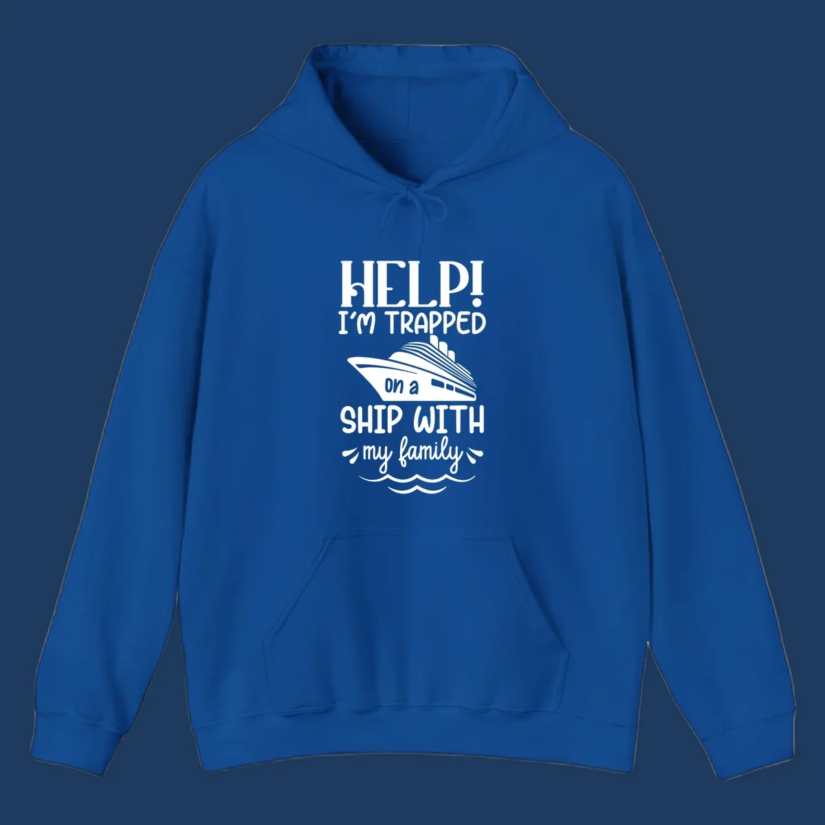 Gray design with white text reading 'Help! I'm trapped on a ship with my family' featuring a cruise ship and ocean waves illustration