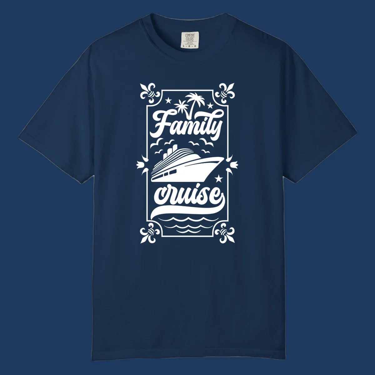 Vintage-style family cruise design with script lettering, cruise ship illustration, palm trees, stars, and decorative border on gray background