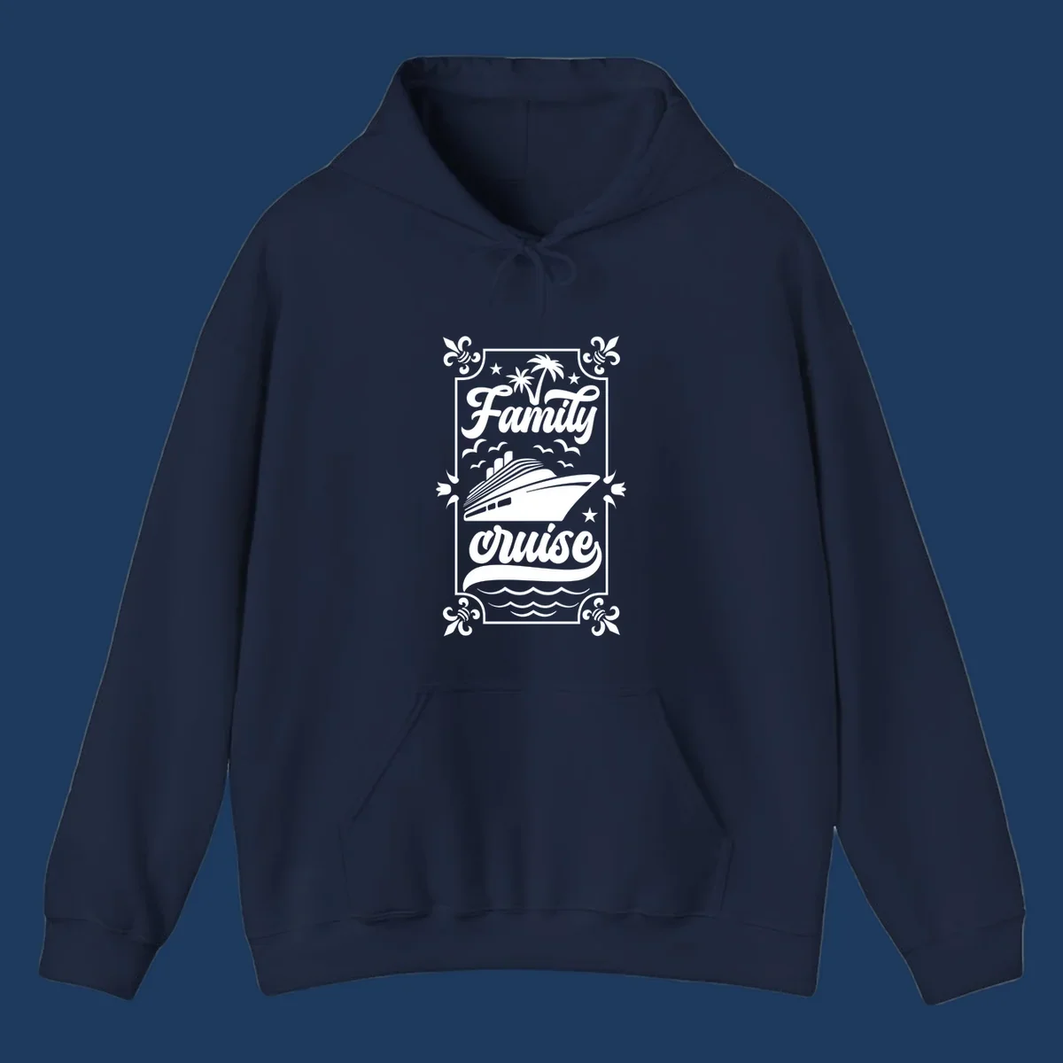 Vintage-style family cruise design with script lettering, cruise ship illustration, palm trees, stars, and decorative border on gray background