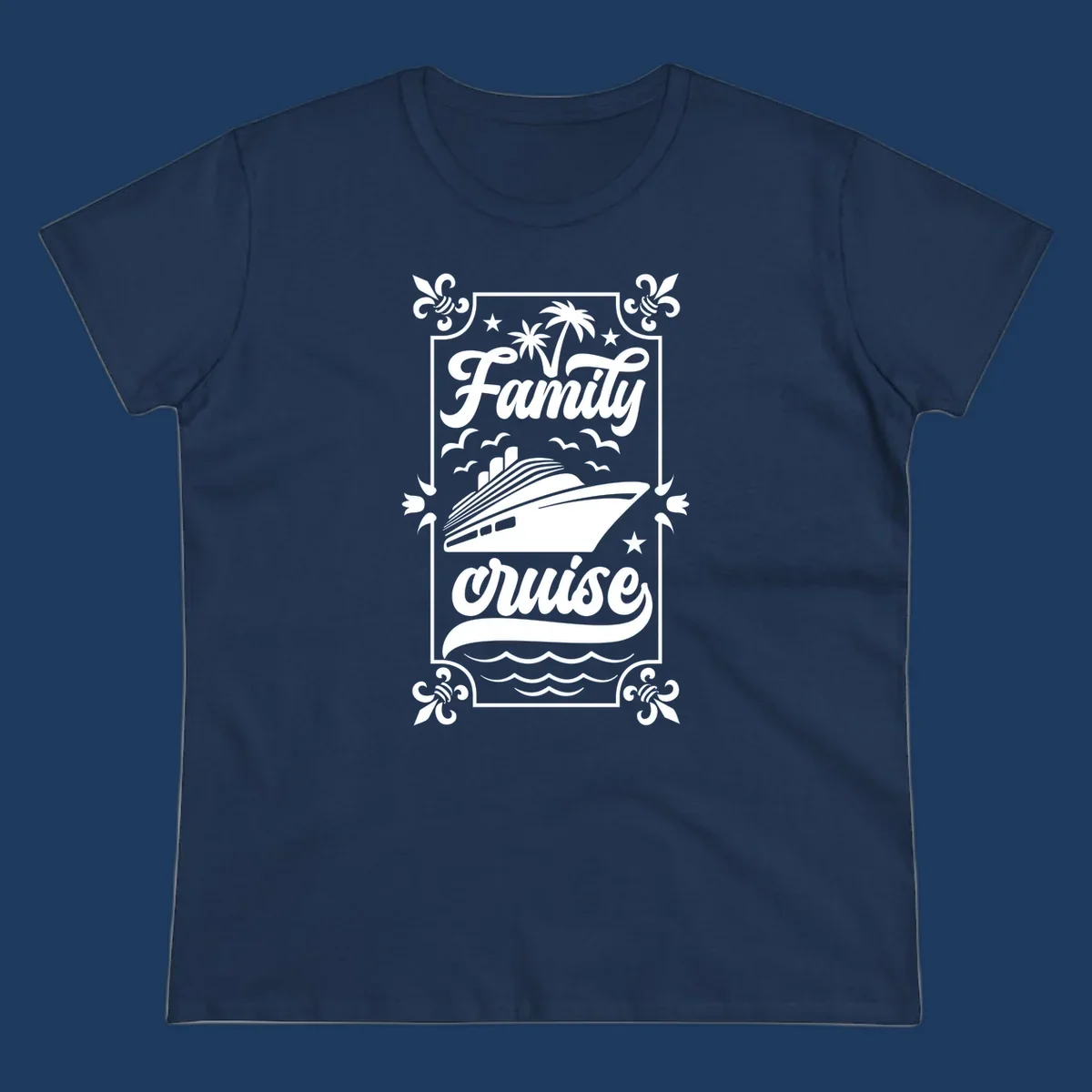 Vintage-style family cruise design with script lettering, cruise ship illustration, palm trees, stars, and decorative border on gray background
