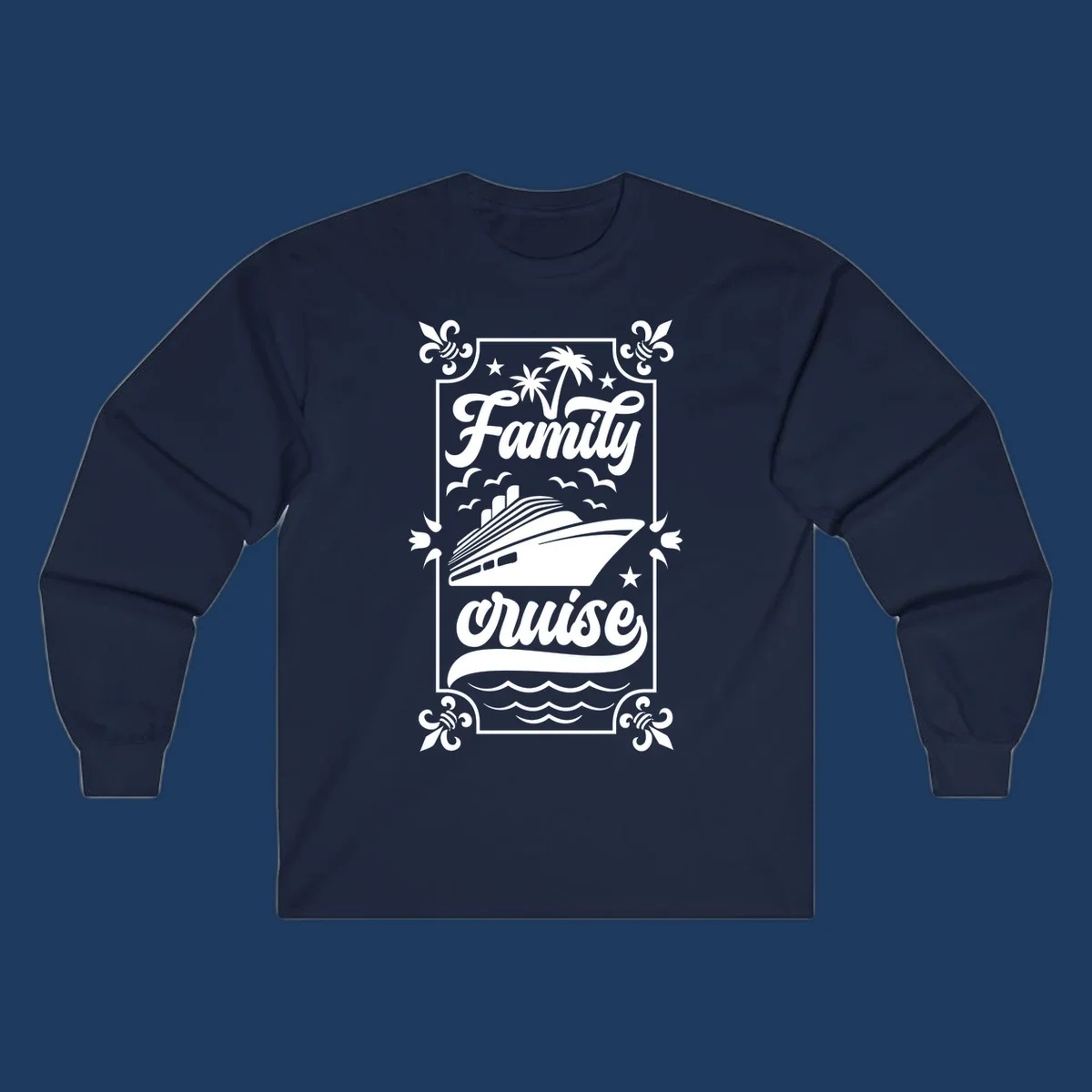 Vintage-style family cruise design with script lettering, cruise ship illustration, palm trees, stars, and decorative border on gray background