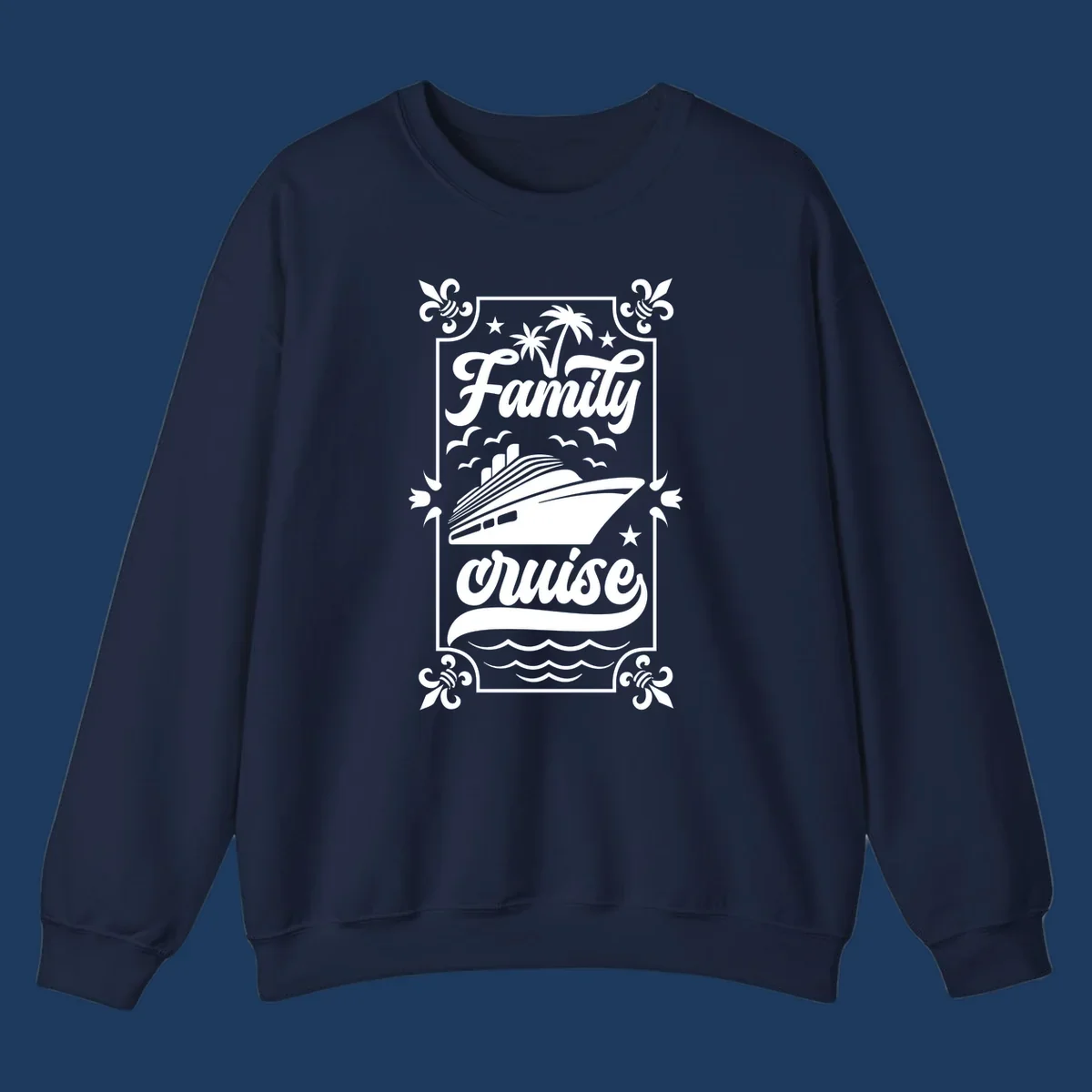 Vintage-style family cruise design with script lettering, cruise ship illustration, palm trees, stars, and decorative border on gray background