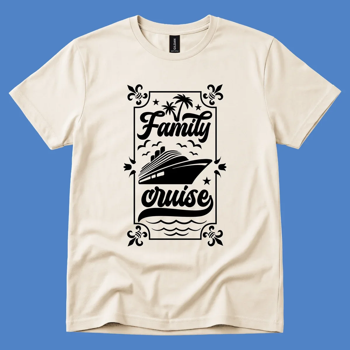 Vintage-style family cruise design with script lettering, cruise ship illustration, palm trees, stars, and decorative border on gray background