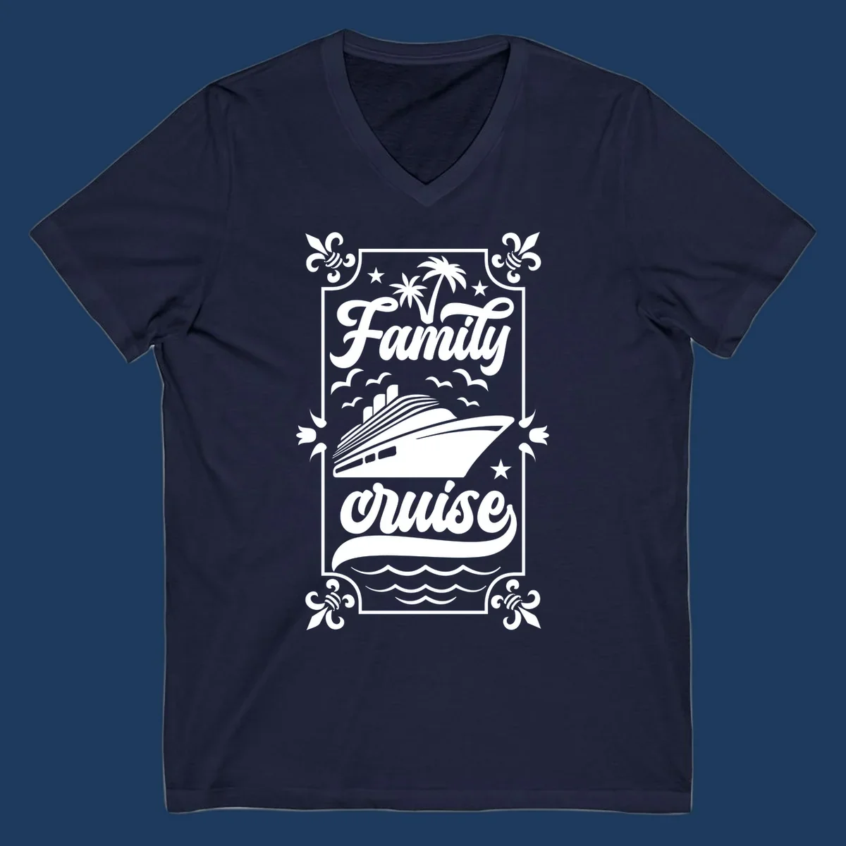 Vintage-style family cruise design with script lettering, cruise ship illustration, palm trees, stars, and decorative border on gray background