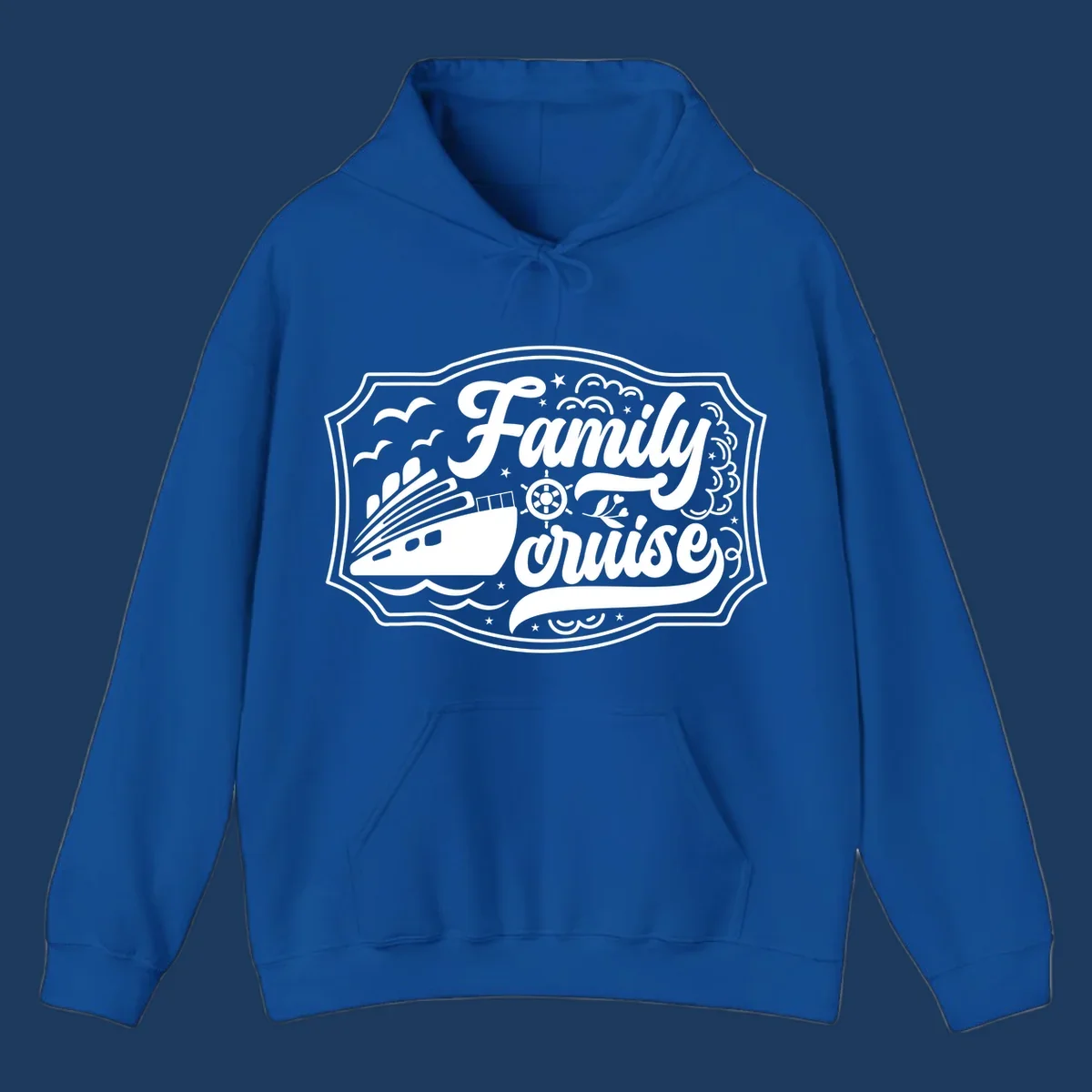 Vintage-style family cruise badge with ship, wheel, and nautical elements in white on gray background