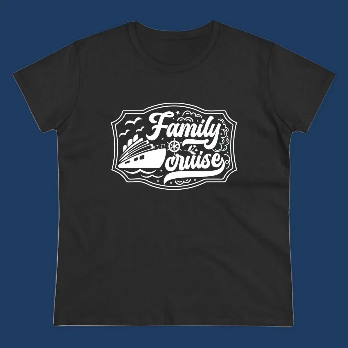 Vintage-style family cruise badge with ship, wheel, and nautical elements in white on gray background