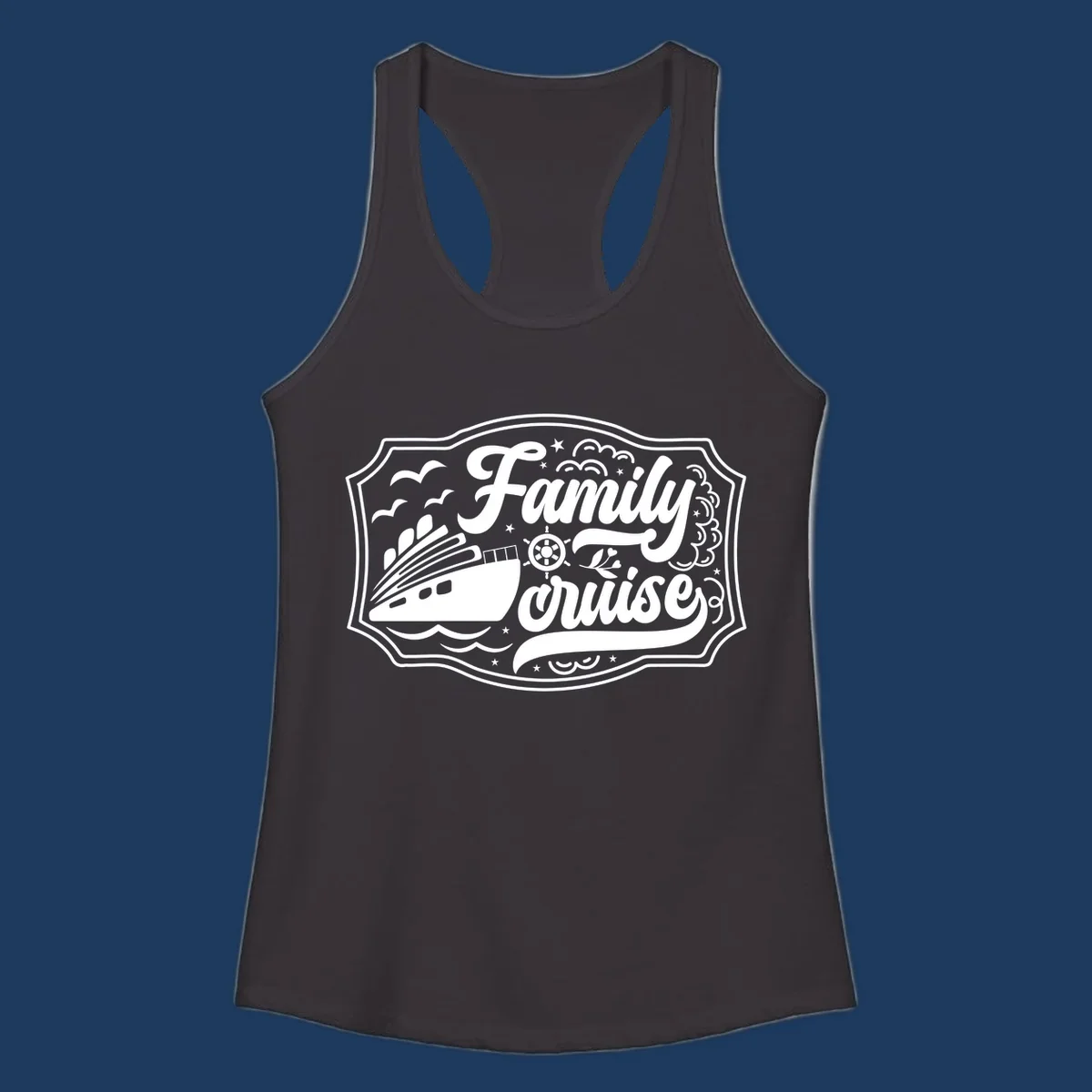 Vintage-style family cruise badge with ship, wheel, and nautical elements in white on gray background