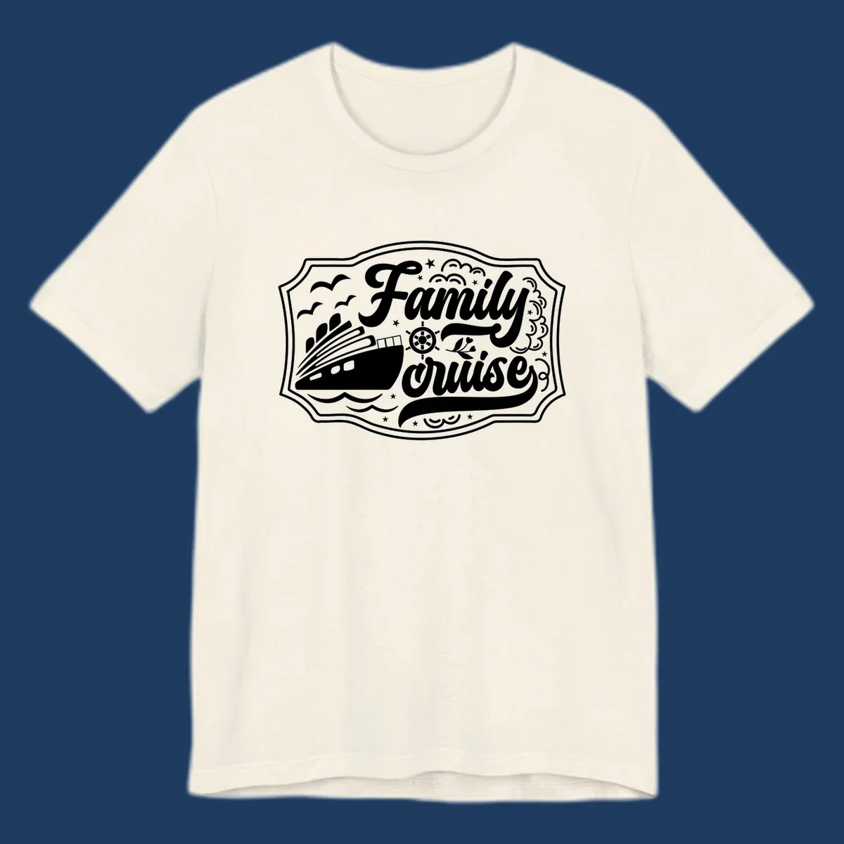Vintage-style family cruise badge with ship, wheel, and nautical elements in white on gray background