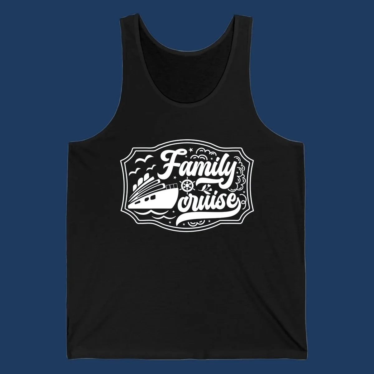 Vintage-style family cruise badge with ship, wheel, and nautical elements in white on gray background
