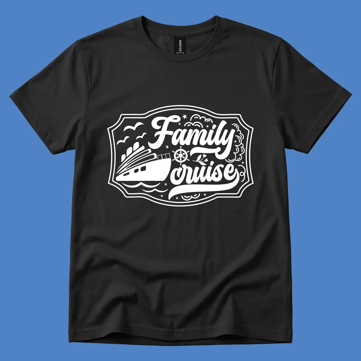 Vintage-style family cruise badge with ship, wheel, and nautical elements in white on gray background