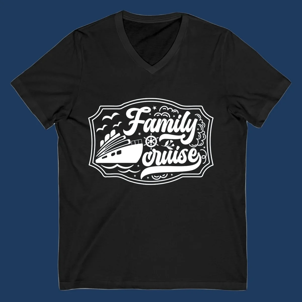 Vintage-style family cruise badge with ship, wheel, and nautical elements in white on gray background