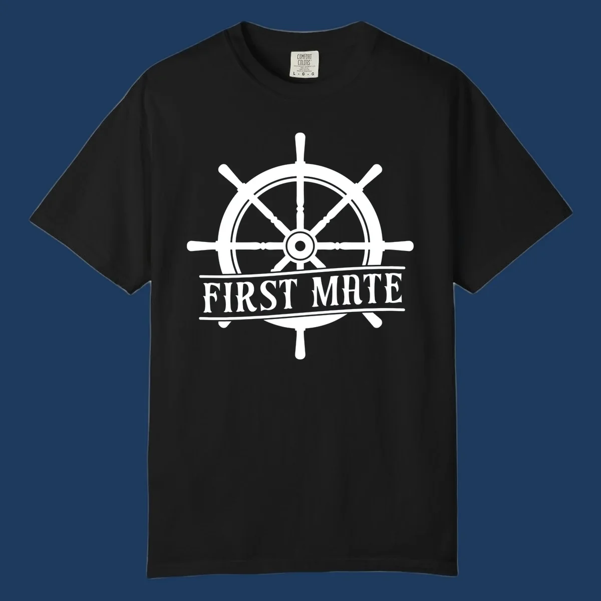 White ship's wheel with eight spokes and 'First Mate' text banner on gray background