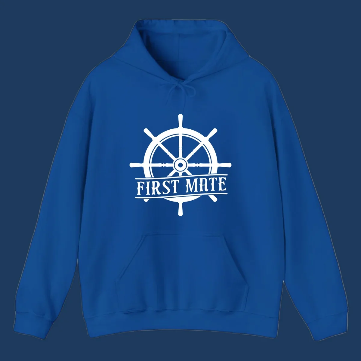 White ship's wheel with eight spokes and 'First Mate' text banner on gray background