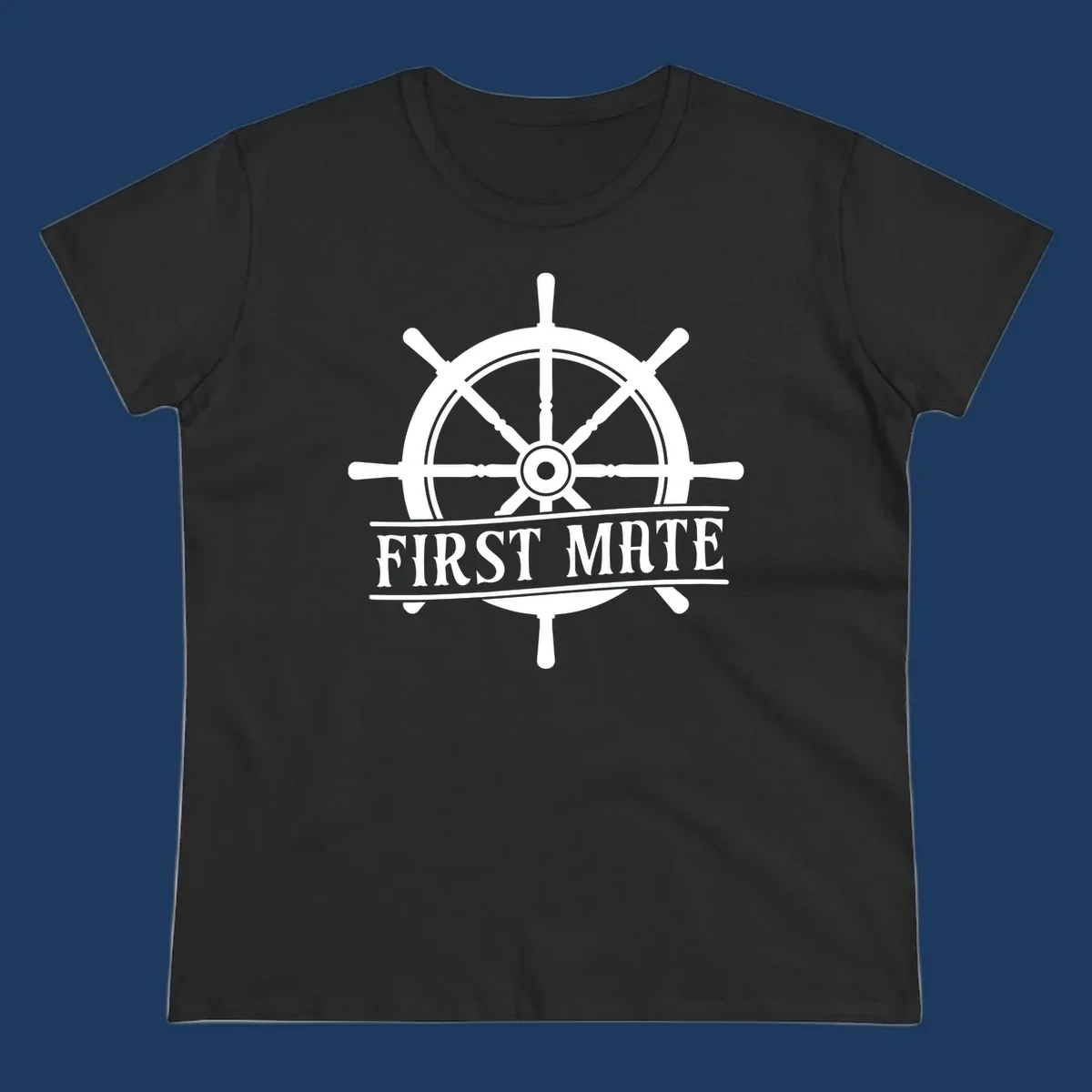 White ship's wheel with eight spokes and 'First Mate' text banner on gray background