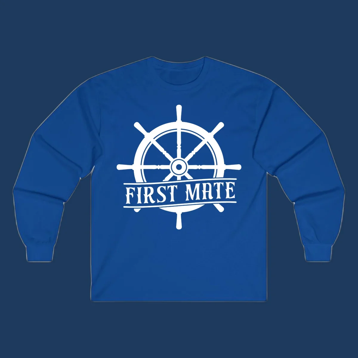 White ship's wheel with eight spokes and 'First Mate' text banner on gray background