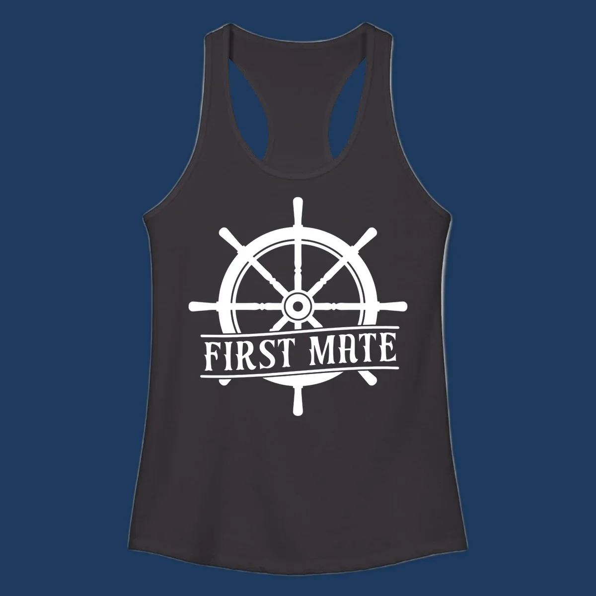 White ship's wheel with eight spokes and 'First Mate' text banner on gray background