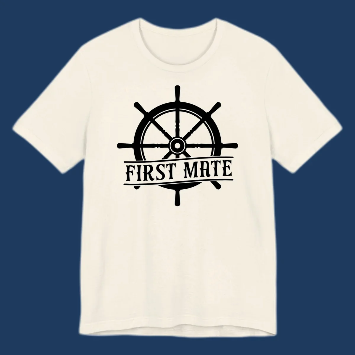 White ship's wheel with eight spokes and 'First Mate' text banner on gray background