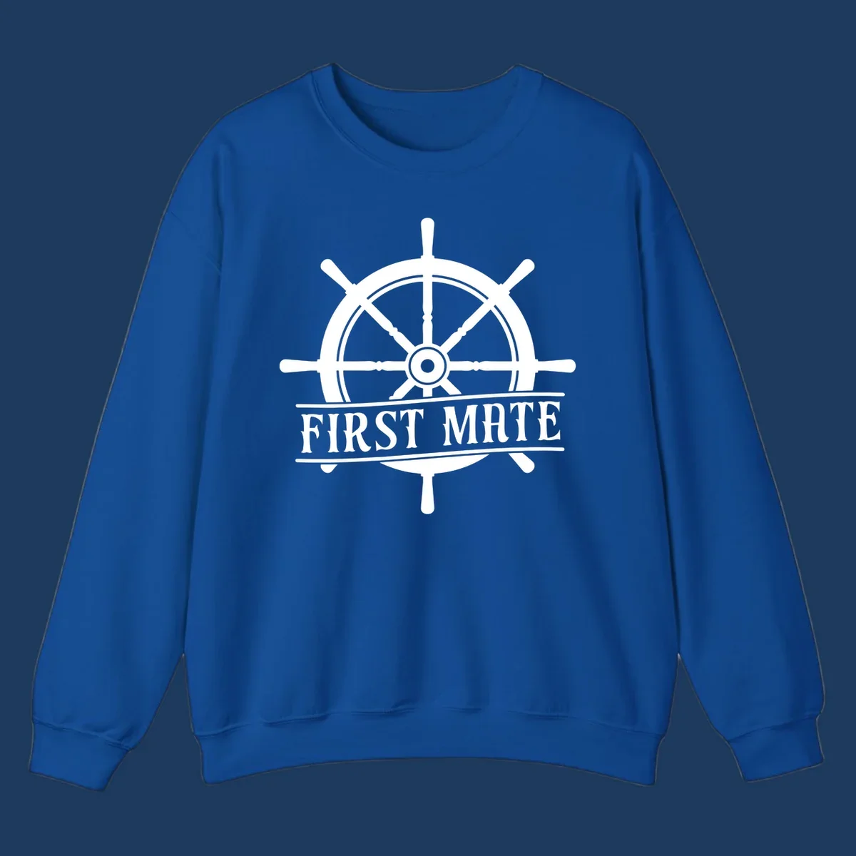 White ship's wheel with eight spokes and 'First Mate' text banner on gray background