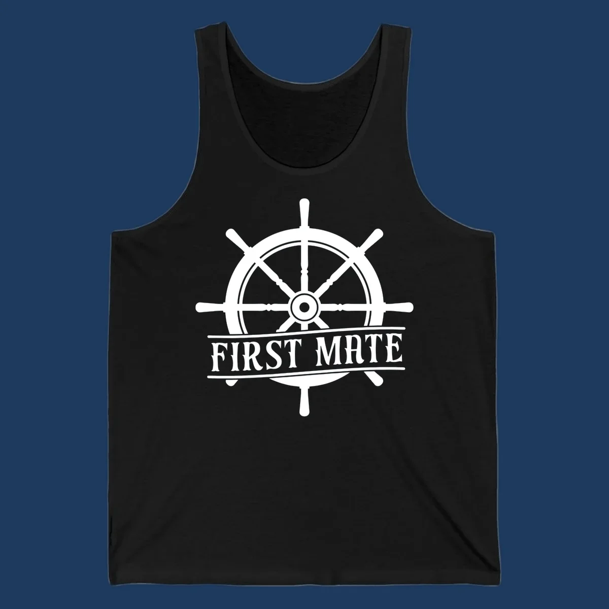 White ship's wheel with eight spokes and 'First Mate' text banner on gray background