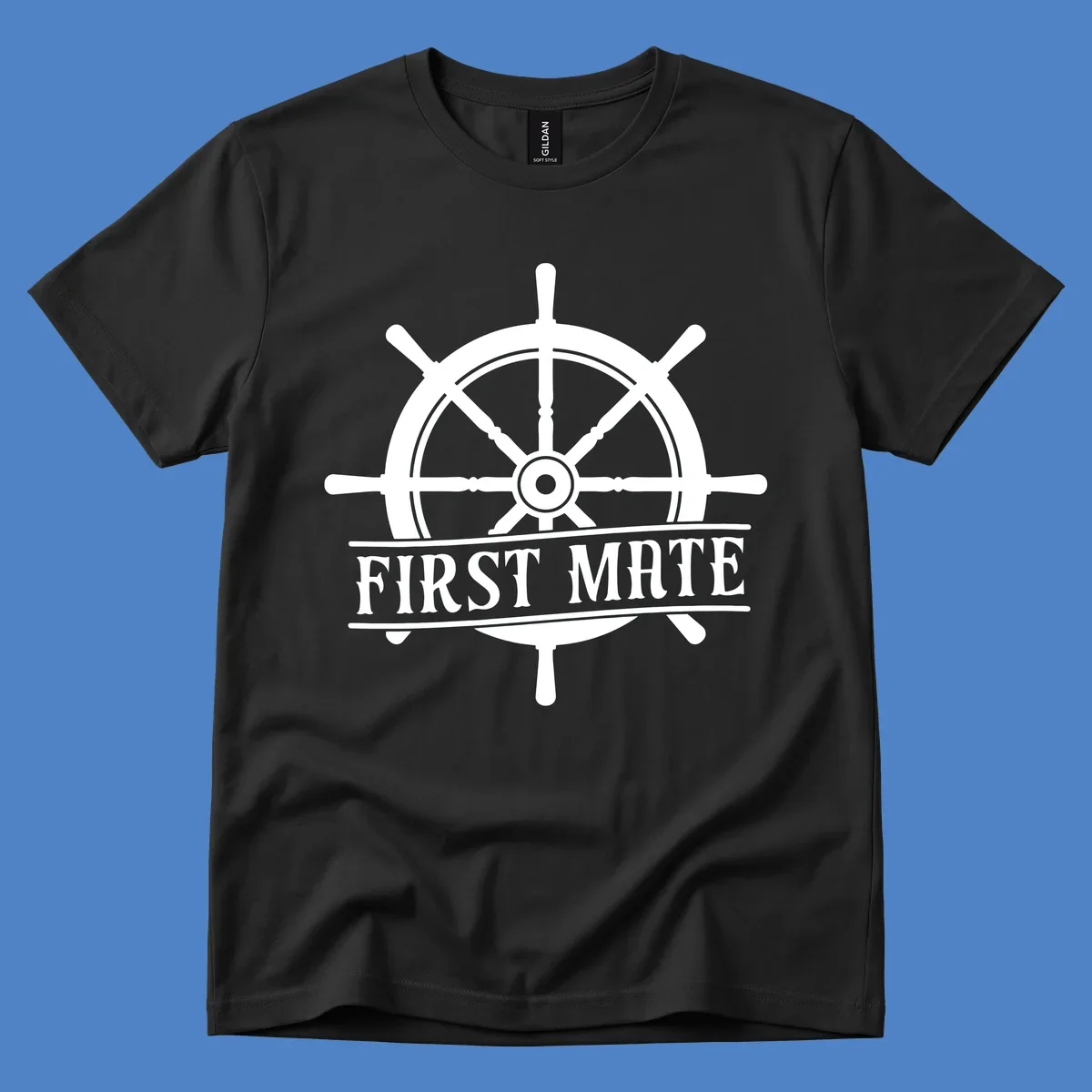 White ship's wheel with eight spokes and 'First Mate' text banner on gray background