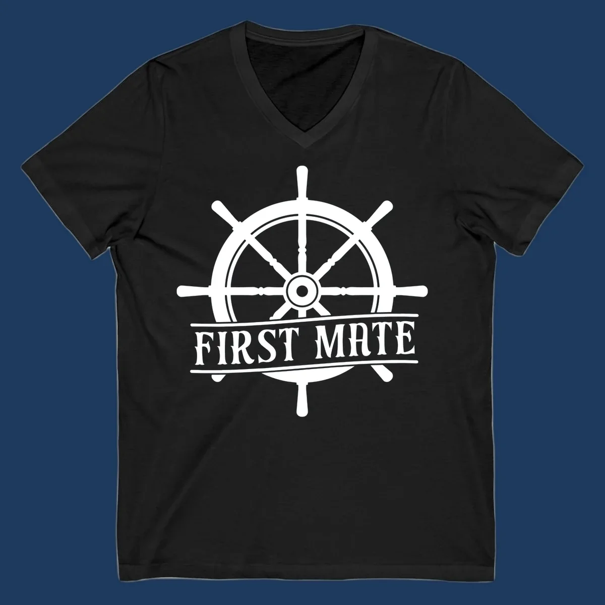 White ship's wheel with eight spokes and 'First Mate' text banner on gray background