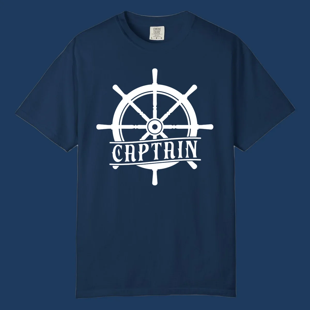 White captain ship wheel design with eight spokes and center hub, featuring the word CAPTAIN below in bold lettering with decorative lines on gray background.