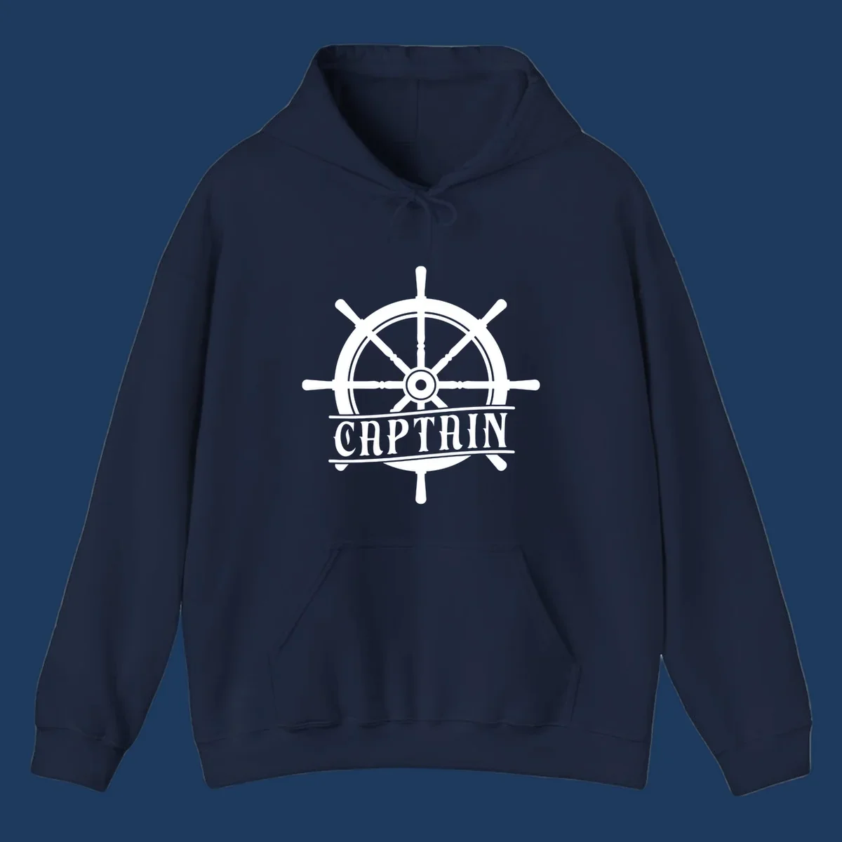 White captain ship wheel design with eight spokes and center hub, featuring the word CAPTAIN below in bold lettering with decorative lines on gray background.