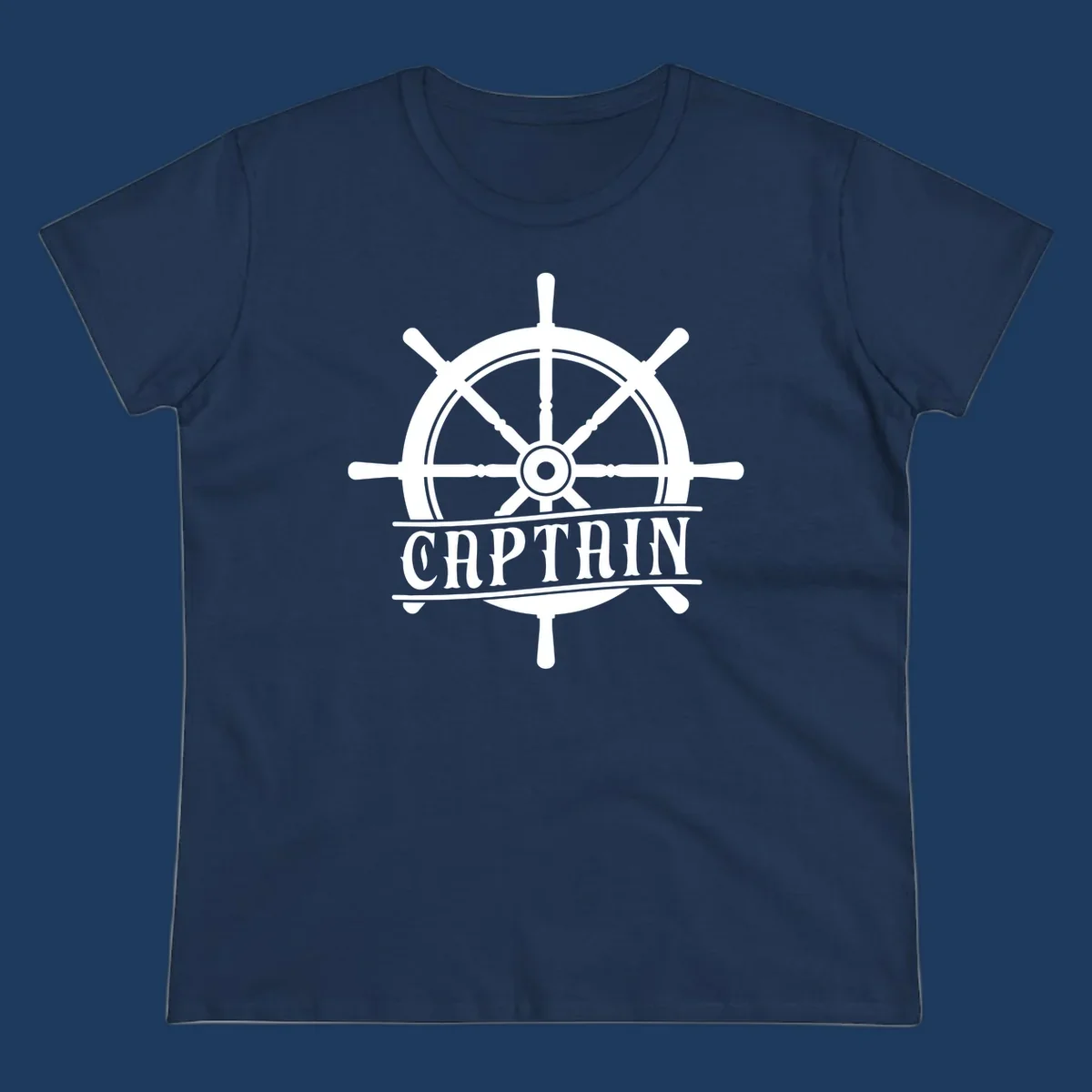White captain ship wheel design with eight spokes and center hub, featuring the word CAPTAIN below in bold lettering with decorative lines on gray background.