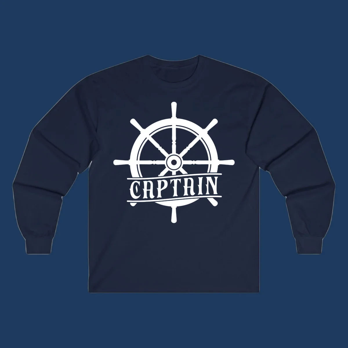 White captain ship wheel design with eight spokes and center hub, featuring the word CAPTAIN below in bold lettering with decorative lines on gray background.