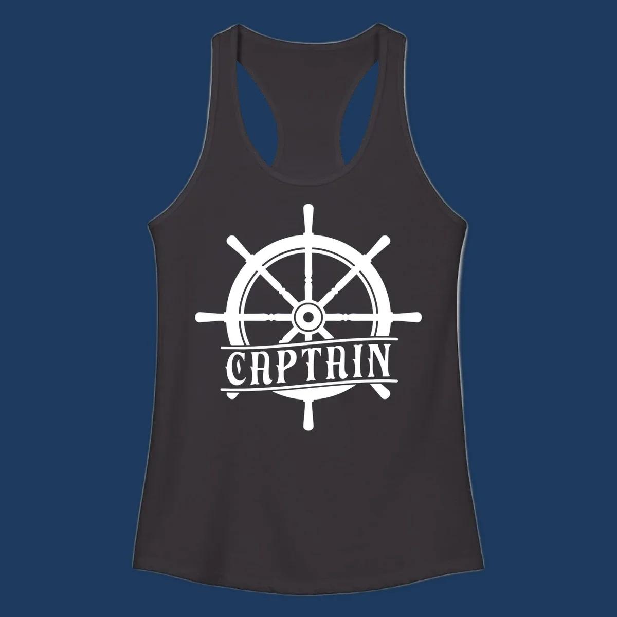 White captain ship wheel design with eight spokes and center hub, featuring the word CAPTAIN below in bold lettering with decorative lines on gray background.