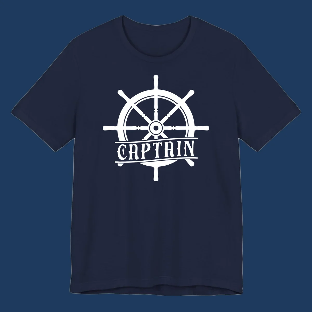 White captain ship wheel design with eight spokes and center hub, featuring the word CAPTAIN below in bold lettering with decorative lines on gray background.