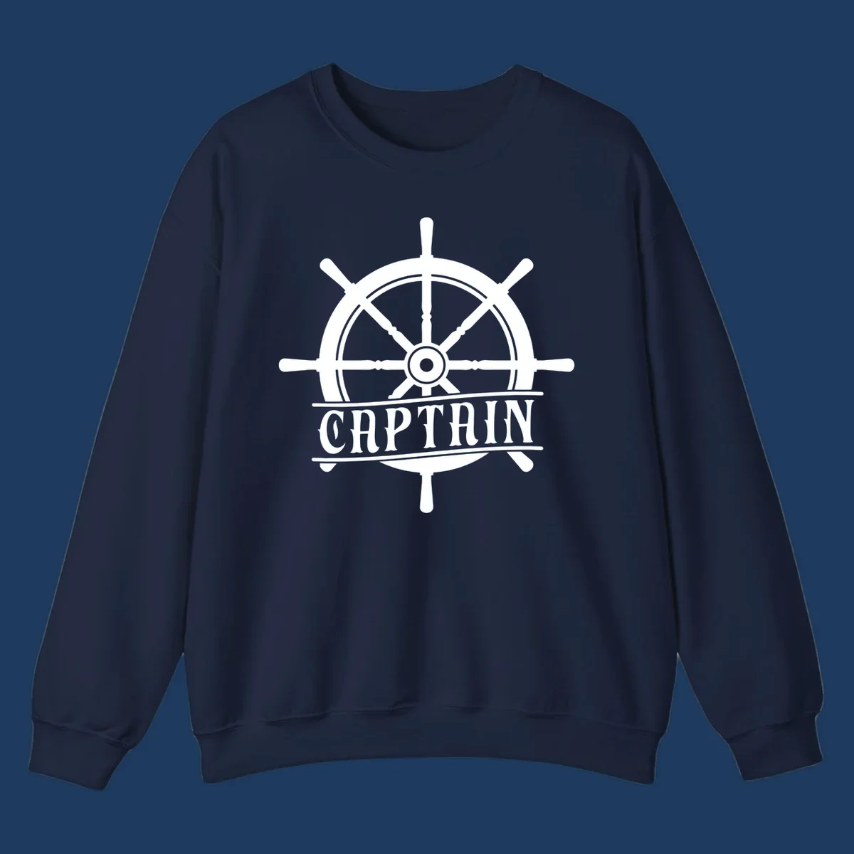 White captain ship wheel design with eight spokes and center hub, featuring the word CAPTAIN below in bold lettering with decorative lines on gray background.