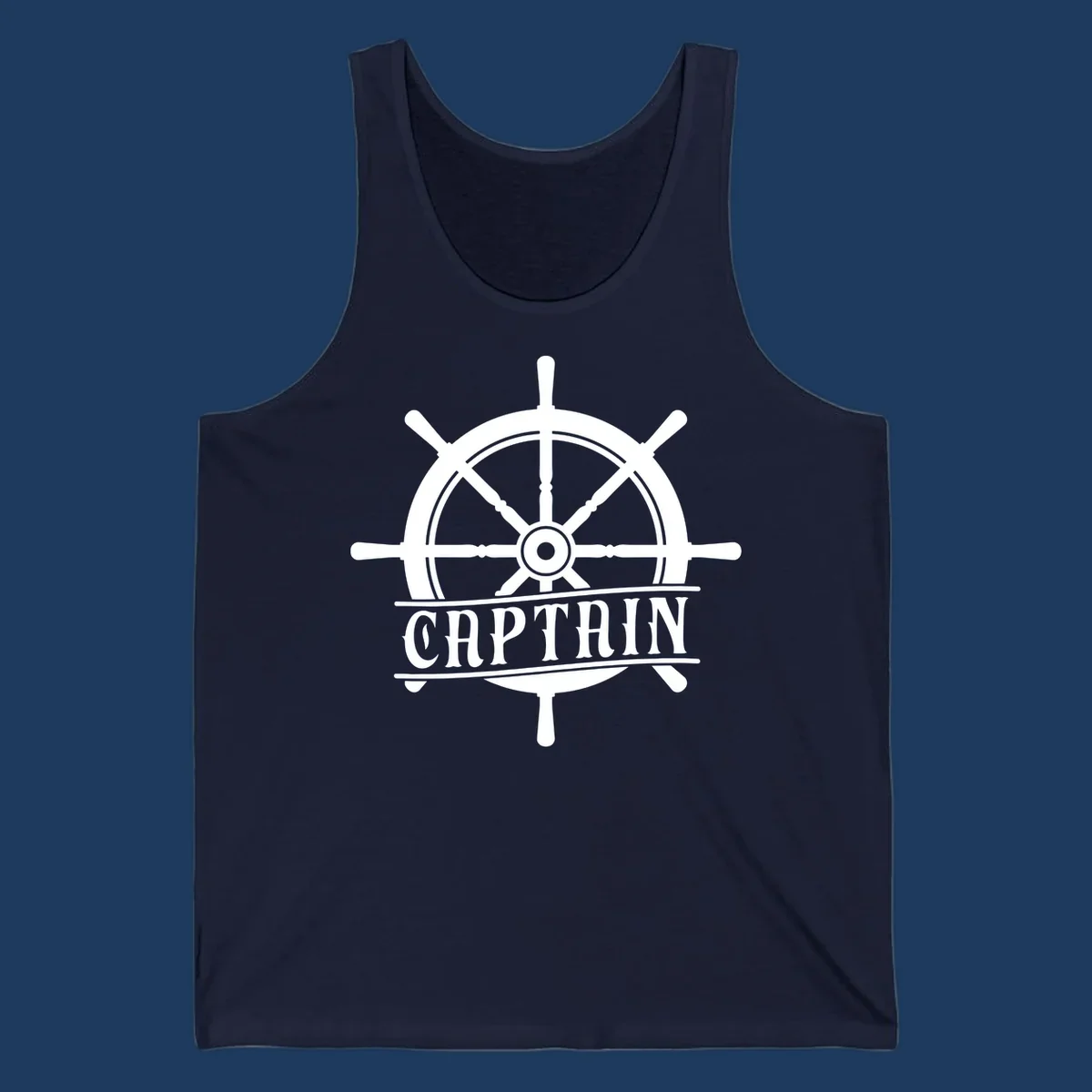 White captain ship wheel design with eight spokes and center hub, featuring the word CAPTAIN below in bold lettering with decorative lines on gray background.