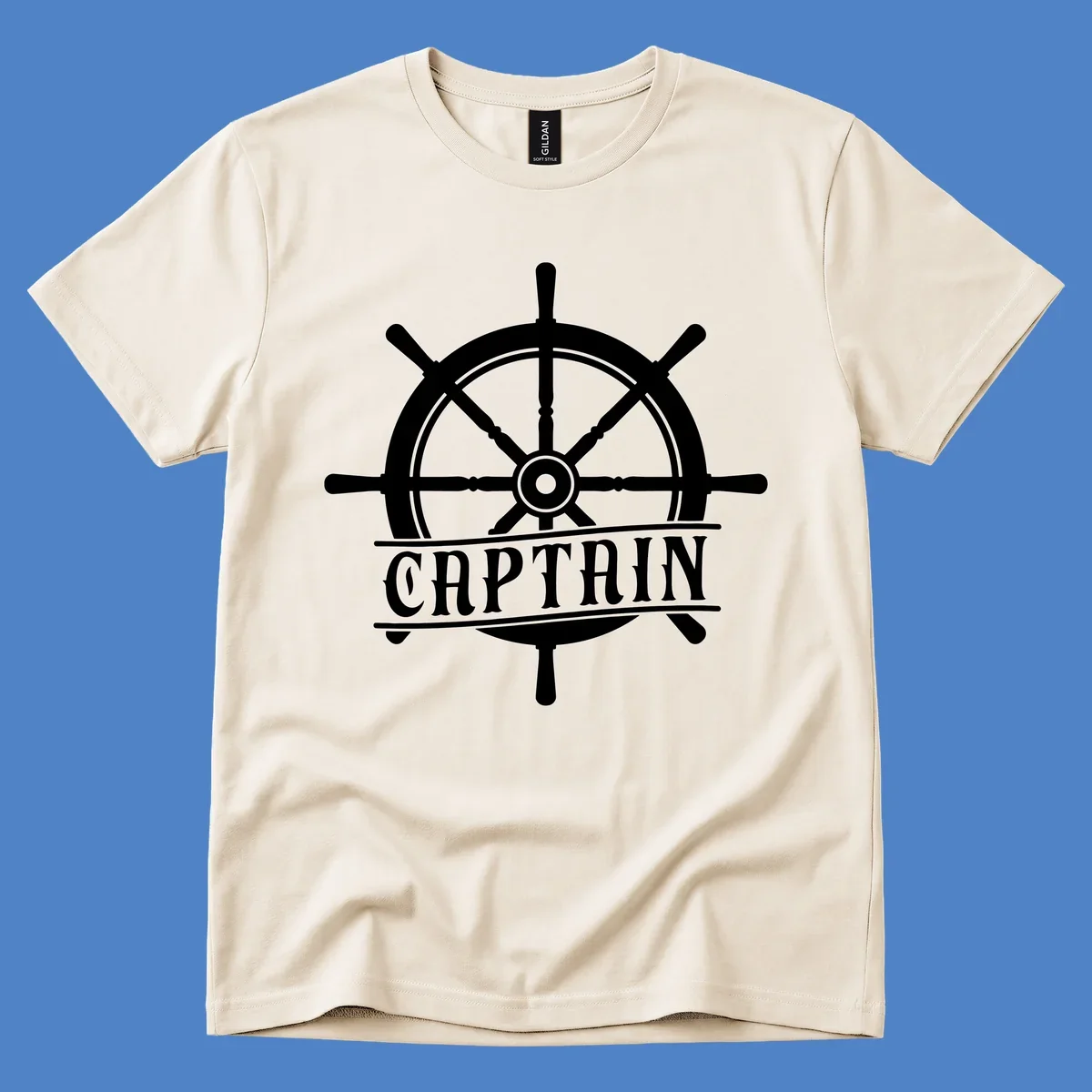 White captain ship wheel design with eight spokes and center hub, featuring the word CAPTAIN below in bold lettering with decorative lines on gray background.