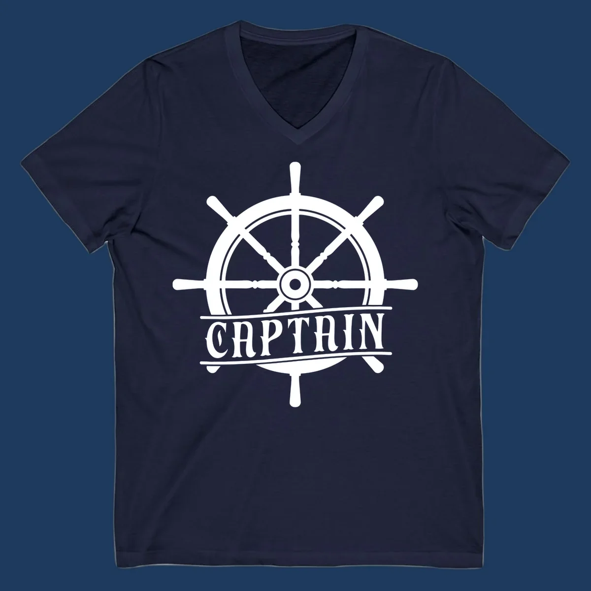 White captain ship wheel design with eight spokes and center hub, featuring the word CAPTAIN below in bold lettering with decorative lines on gray background.